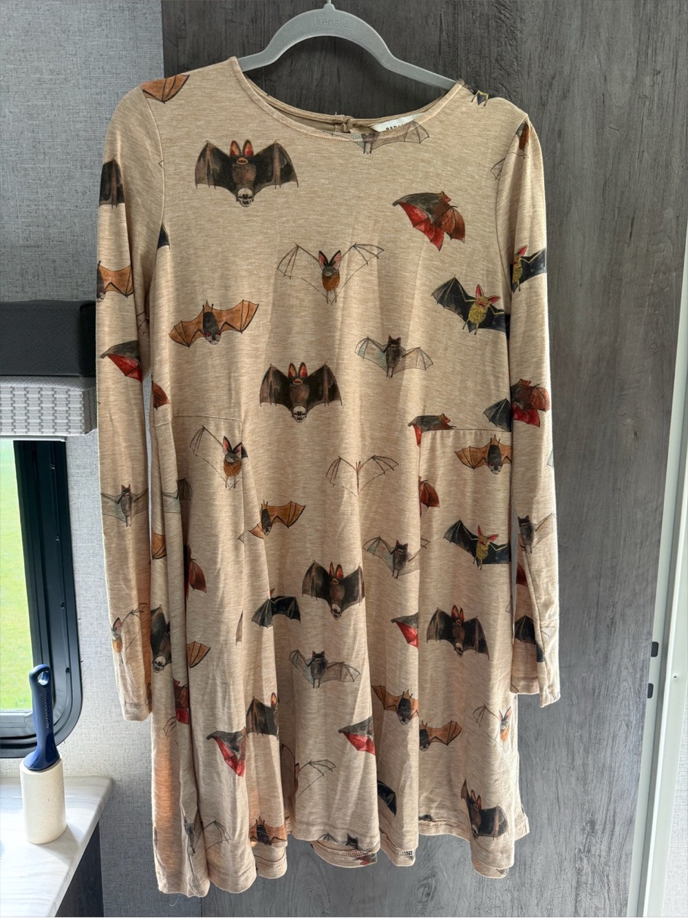 Modcloth Pepaloves Beige Bat-Print Long Sleeve Mini Dress
